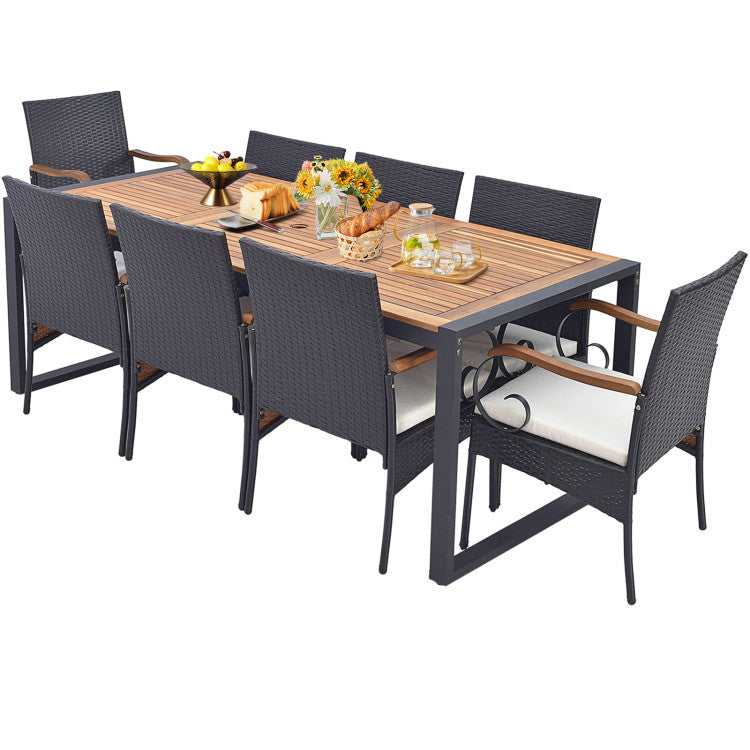 9 Pieces Outdoor Rattan Dining Table Set Patio Wicker Furniture Set with Umbrella Hole and Cushions