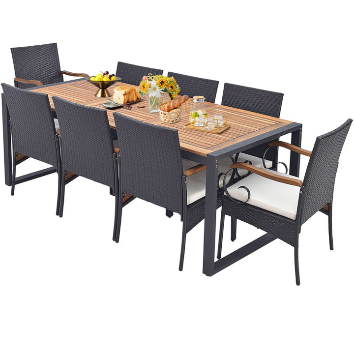 9 Pieces Outdoor Rattan Dining Table Set Patio Wicker Furniture Set with Umbrella Hole and Cushions