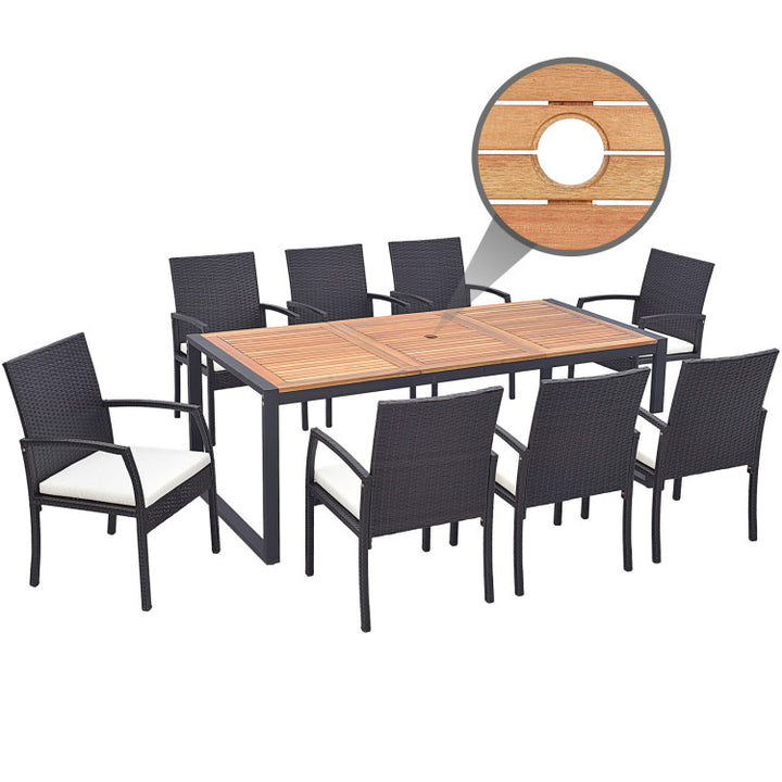 9 Pieces Outdoor Rattan Dining Table Set Patio Wicker Furniture Set with Umbrella Hole and Cushions