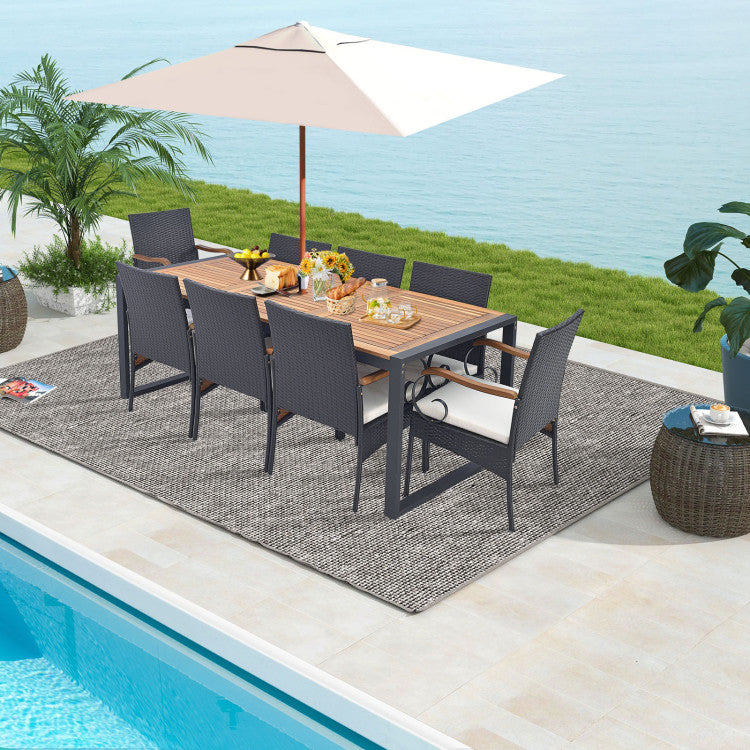 9 Pieces Outdoor Rattan Dining Table Set Patio Wicker Furniture Set with Umbrella Hole and Cushions