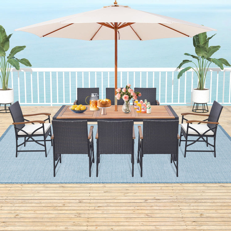 9 Pieces Outdoor Rattan Dining Table Set Patio Wicker Furniture Set with Umbrella Hole and Cushions