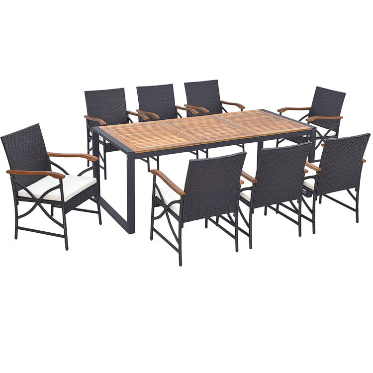 9 Pieces Outdoor Rattan Dining Table Set Patio Wicker Furniture Set with Umbrella Hole and Cushions