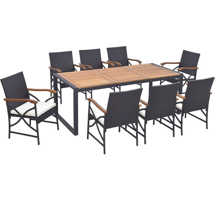 9 Pieces Outdoor Rattan Dining Table Set Patio Wicker Furniture Set with Umbrella Hole and Cushions