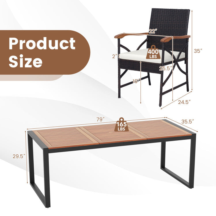 9 Pieces Outdoor Rattan Dining Table Set Patio Wicker Furniture Set with Umbrella Hole and Cushions