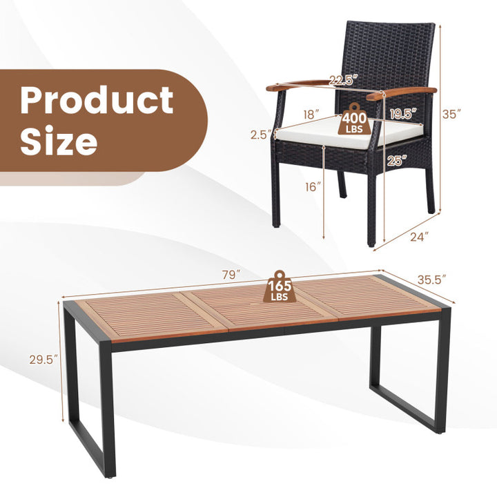 9 Pieces Outdoor Rattan Dining Table Set Patio Wicker Furniture Set with Umbrella Hole and Cushions