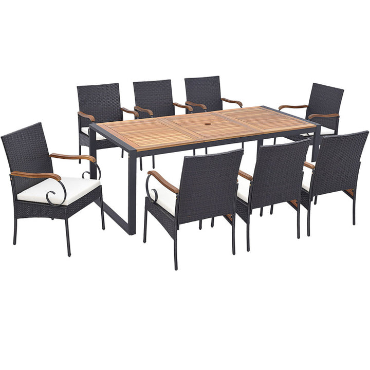 9 Pieces Outdoor Rattan Dining Table Set Patio Wicker Furniture Set with Umbrella Hole and Cushions