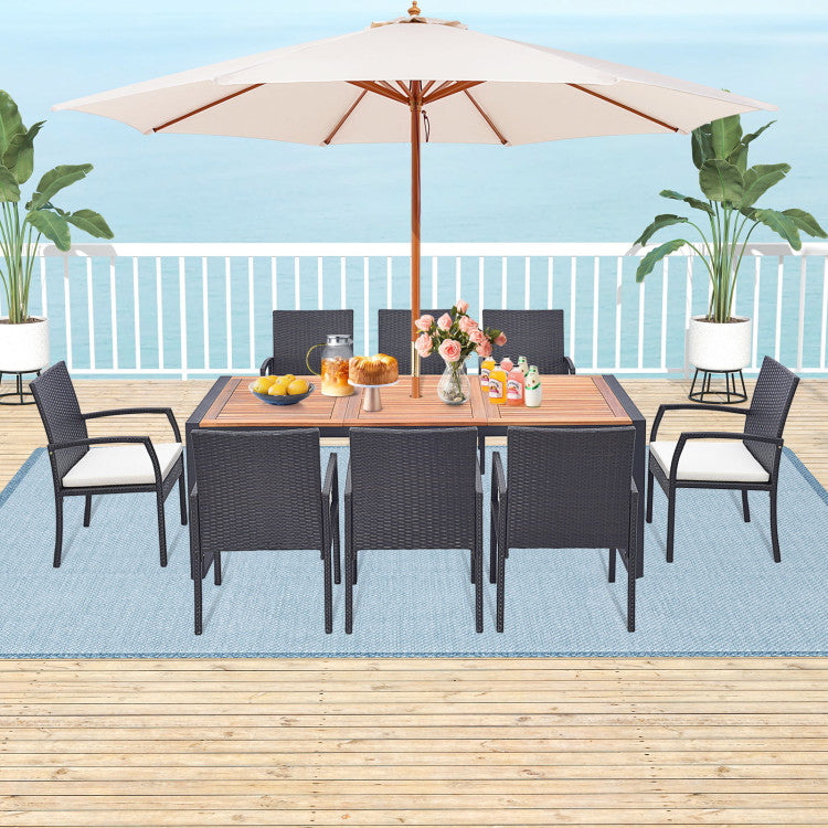 9 Pieces Outdoor Rattan Dining Table Set Patio Wicker Furniture Set with Umbrella Hole and Cushions