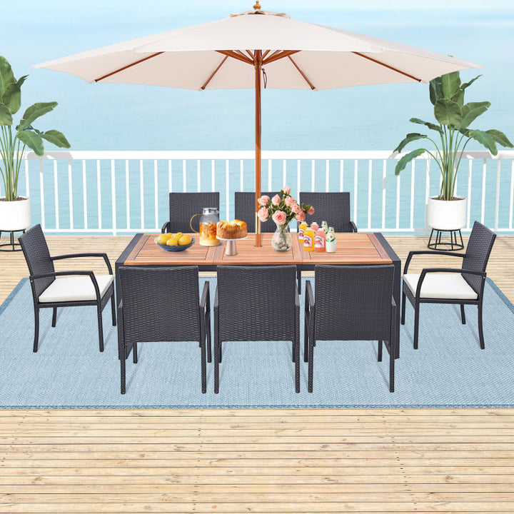 9 Pieces Outdoor Rattan Dining Table Set Patio Wicker Furniture Set with Umbrella Hole and Cushions