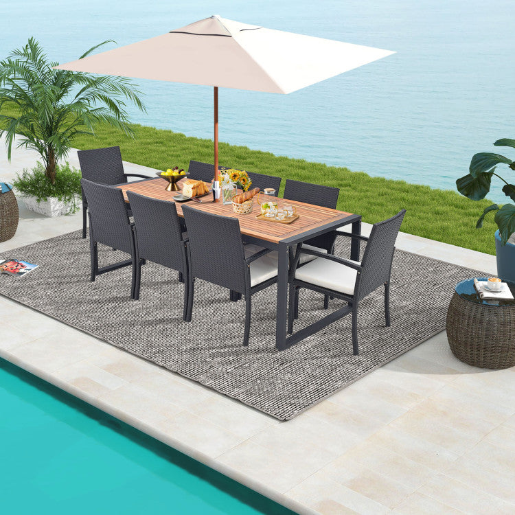 9 Pieces Outdoor Rattan Dining Table Set Patio Wicker Furniture Set with Umbrella Hole and Cushions