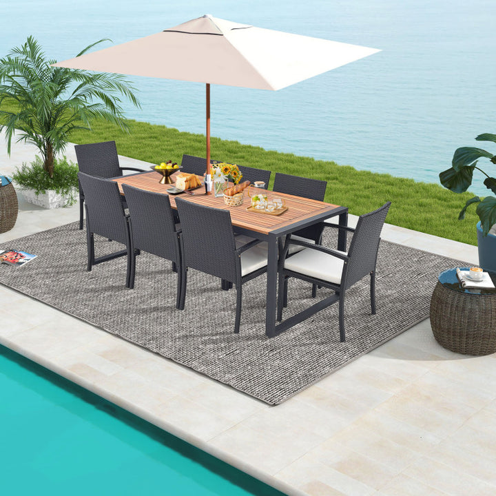 9 Pieces Outdoor Rattan Dining Table Set Patio Wicker Furniture Set with Umbrella Hole and Cushions