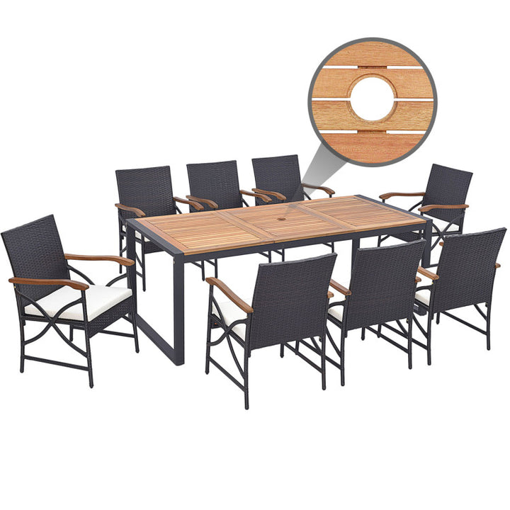 9 Pieces Outdoor Rattan Dining Table Set Patio Wicker Furniture Set with Umbrella Hole and Cushions