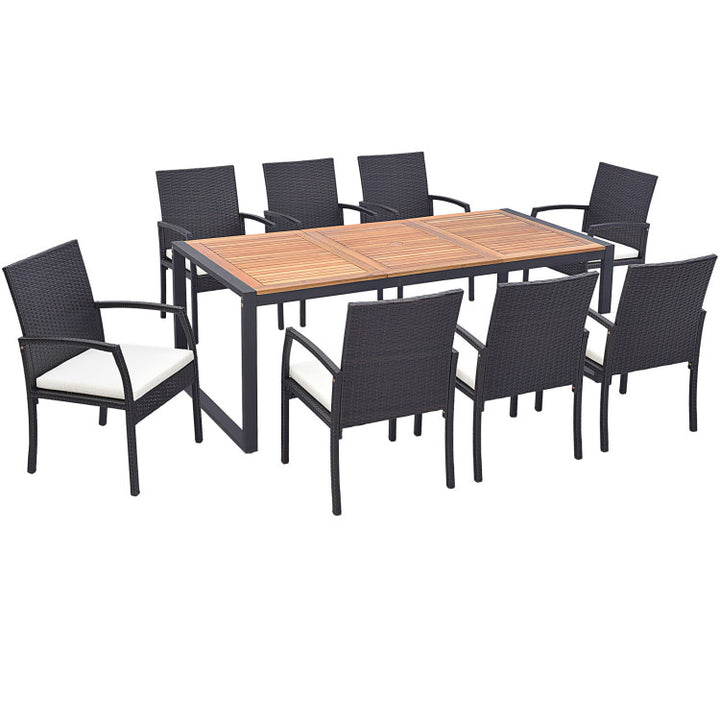 9 Pieces Outdoor Rattan Dining Table Set Patio Wicker Furniture Set with Umbrella Hole and Cushions