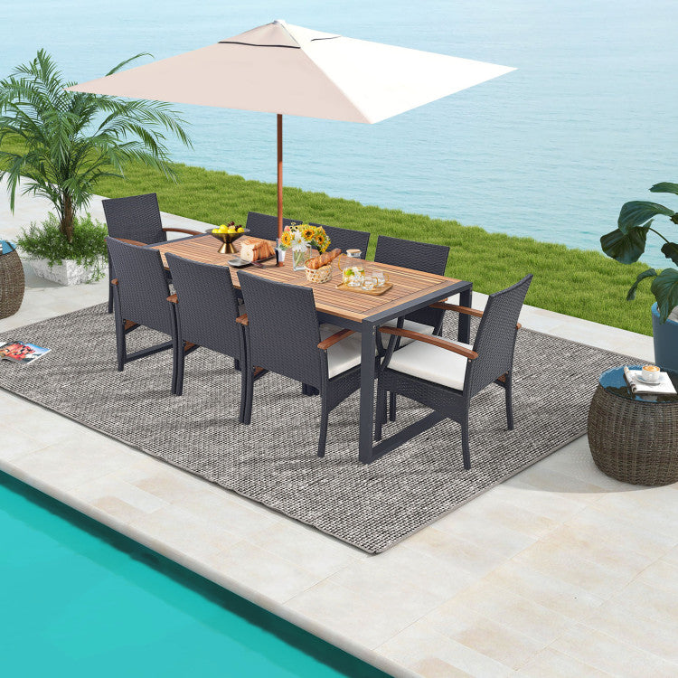 9 Pieces Outdoor Rattan Dining Table Set Patio Wicker Furniture Set with Umbrella Hole and Cushions