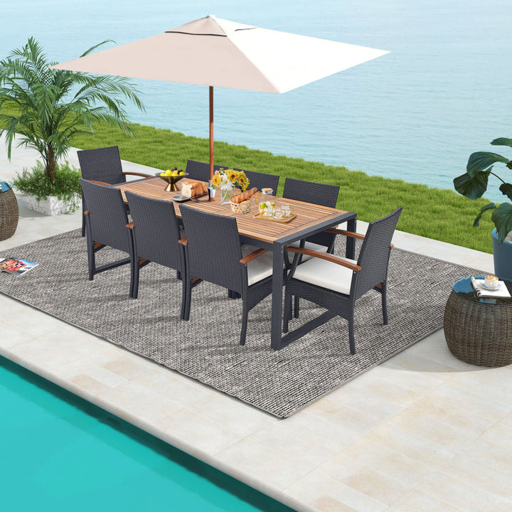 9 Pieces Outdoor Rattan Dining Table Set Patio Wicker Furniture Set with Umbrella Hole and Cushions