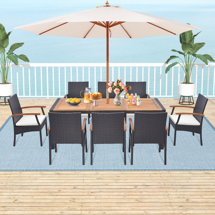 9 Pieces Outdoor Rattan Dining Table Set Patio Wicker Furniture Set with Umbrella Hole and Cushions