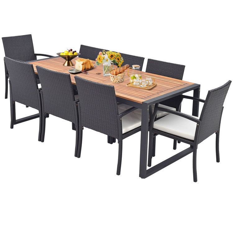 9 Pieces Outdoor Rattan Dining Table Set Patio Wicker Furniture Set with Umbrella Hole and Cushions