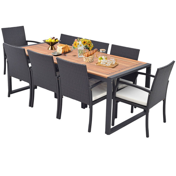 9 Pieces Outdoor Rattan Dining Table Set Patio Wicker Furniture Set with Umbrella Hole and Cushions