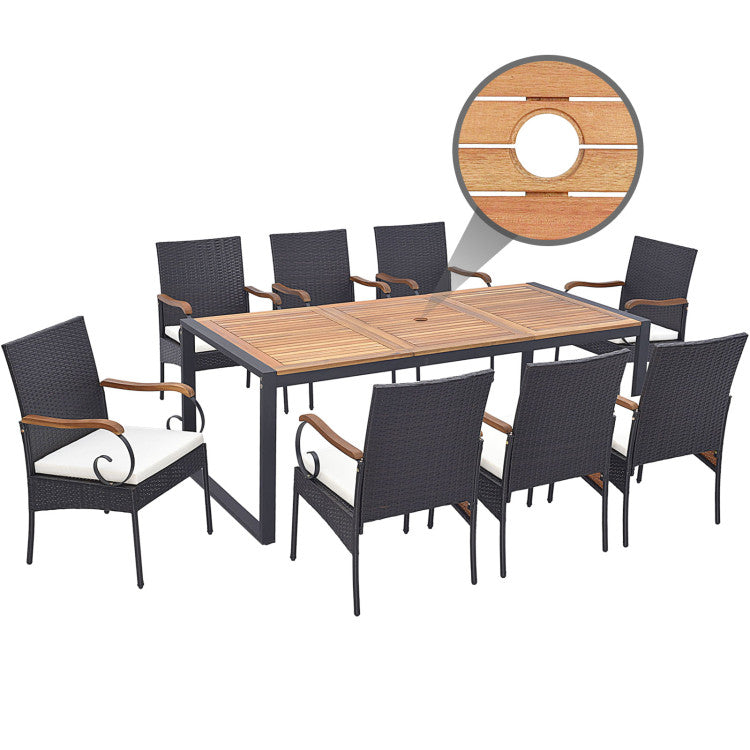 9 Pieces Outdoor Rattan Dining Table Set Patio Wicker Furniture Set with Umbrella Hole and Cushions