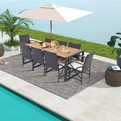 9 Pieces Outdoor Rattan Dining Table Set Patio Wicker Furniture Set with Umbrella Hole and Cushions