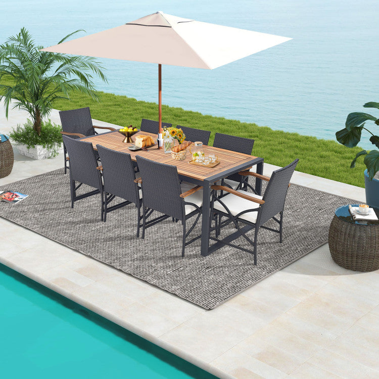 9 piece resin wicker patio dining set with umbrella 9 Pieces Patio Rattan Dining Set with Acacia Wood Table for Backyard Garden-Curved Handrail