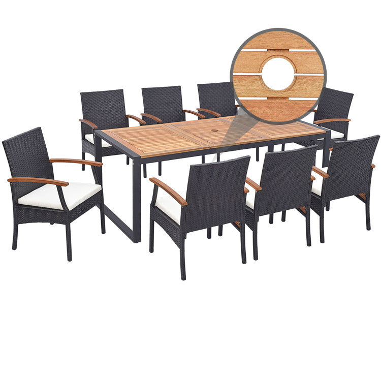 9 Pieces Outdoor Rattan Dining Table Set Patio Wicker Furniture Set with Umbrella Hole and Cushions
