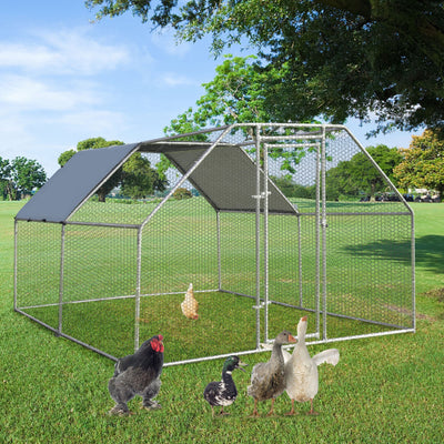 9.5 x 12.5 Feet Outdoor Walk-in Chicken Coop Large Metal Poultry Cage Hen House with Waterproof and Anti-UV Cover