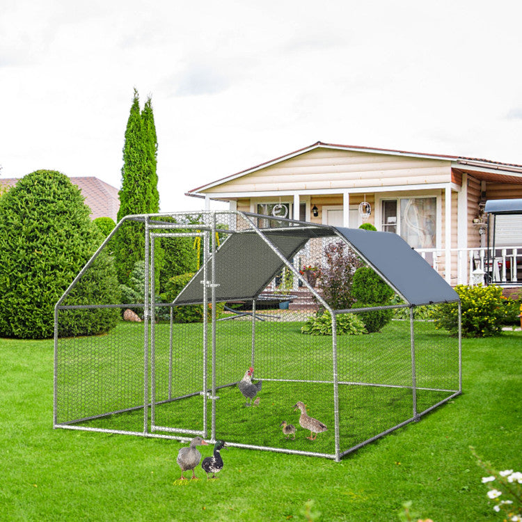 9.5 x 12.5 Feet Outdoor Walk-in Chicken Coop Large Metal Poultry Cage Hen House with Waterproof and Anti-UV Cover