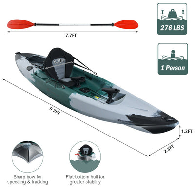 9.7FT 1-Person Sit-on-Top Fishing Kayak Boat Portable Touring Kayak Raft with Fishing Rod Holders and Aluminum Paddle for Sea River Lake