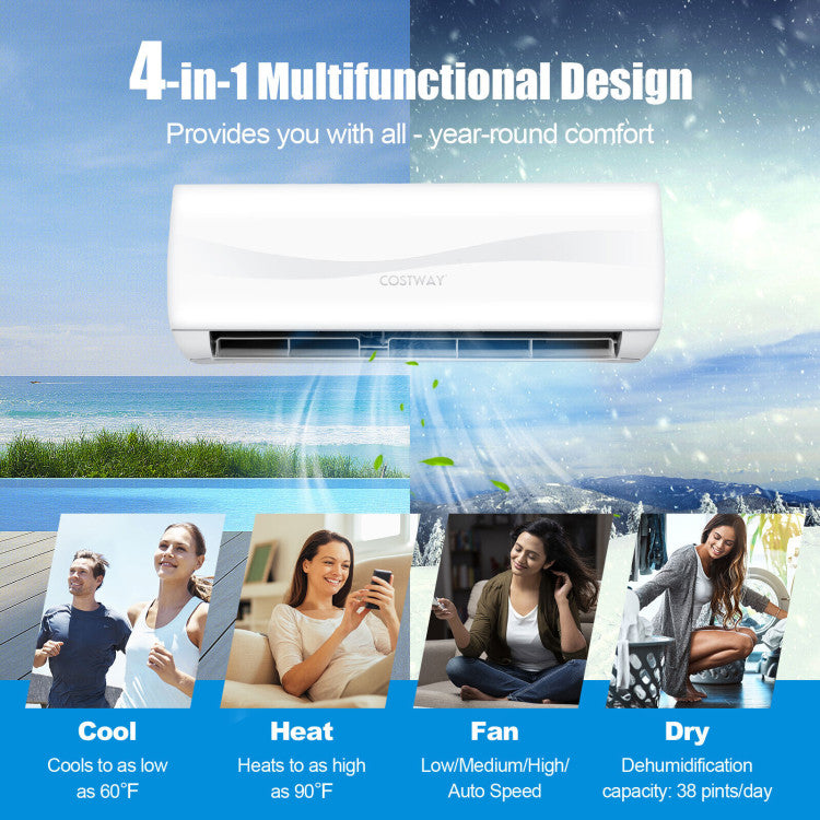 9000 BTU Mini Split Inverter Air Conditioner 17 SEER2 208-230V Ductless AC Unit with Self-Cleaning Function and Remote Control