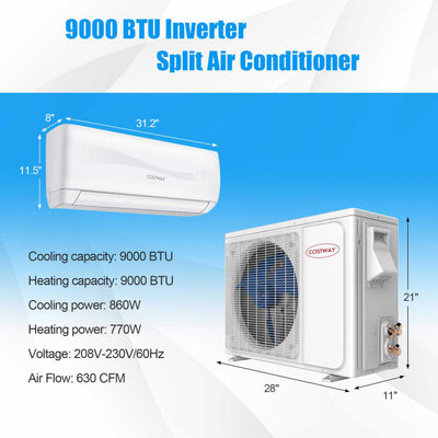 9000 BTU Mini Split Inverter Air Conditioner 17 SEER2 208-230V Ductless AC Unit with Self-Cleaning Function and Remote Control