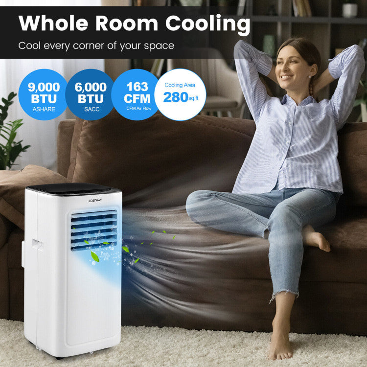 9000BTU Portable Air Conditioner 3-in-1 AC Cooling Unit Dehumidifier with Dual Control and 24H Timer