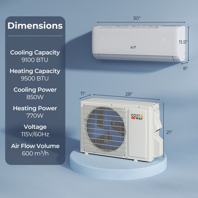 9100 BTU Mini-Split Air Conditioner and Heater 20.5 SEER2 115V WiFi Enabled AC Unit with Remote Control and Defrost Function