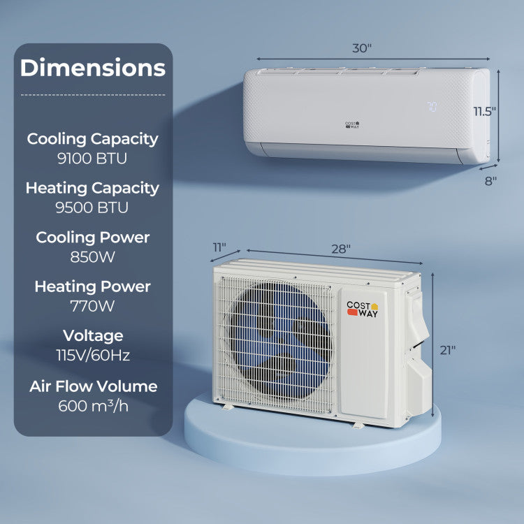9100 BTU Mini-Split Air Conditioner and Heater 20.5 SEER2 115V WiFi Enabled AC Unit with Remote Control and Defrost Function