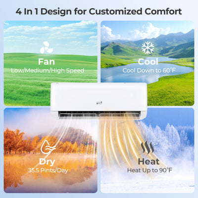 9100 BTU Mini-Split Air Conditioner and Heater 20.5 SEER2 115V WiFi Enabled AC Unit with Remote Control and Defrost Function