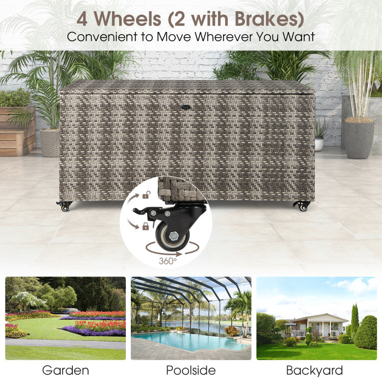 96 Gallon Outdoor Rattan Storage Box PE Wicker Deck Container with 4 Wheels and Waterproof Liner