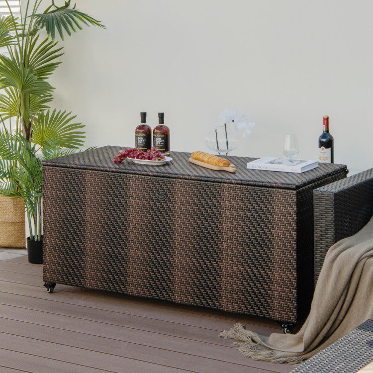 96 Gallon Outdoor Rattan Storage Box PE Wicker Deck Container with 4 Wheels and Waterproof Liner