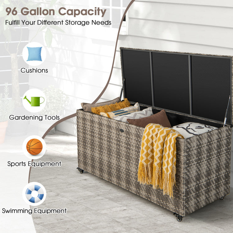 96 Gallon Outdoor Rattan Storage Box PE Wicker Deck Container with 4 Wheels and Waterproof Liner