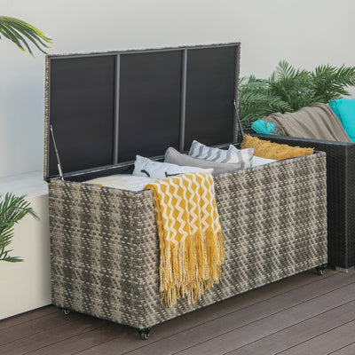 96 Gallon Outdoor Rattan Storage Box PE Wicker Deck Container with 4 Wheels and Waterproof Liner