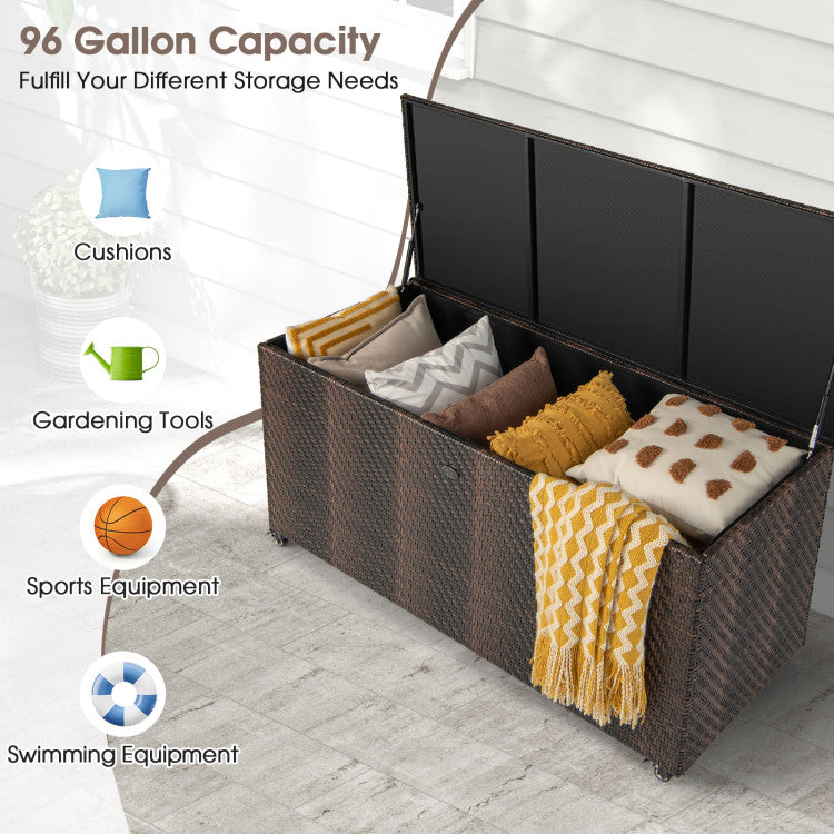 96 Gallon Outdoor Rattan Storage Box PE Wicker Deck Container with 4 Wheels and Waterproof Liner