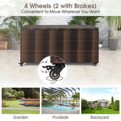 96 Gallon Outdoor Rattan Storage Box PE Wicker Deck Container with 4 Wheels and Waterproof Liner