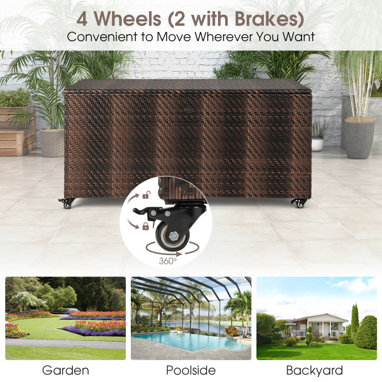 96 Gallon Outdoor Rattan Storage Box PE Wicker Deck Container with 4 Wheels and Waterproof Liner