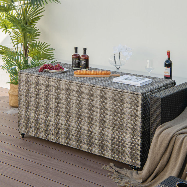 96 Gallon Outdoor Rattan Storage Box PE Wicker Deck Container with 4 Wheels and Waterproof Liner