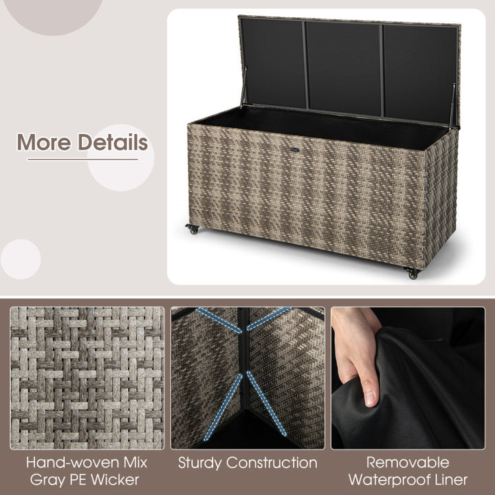 96 Gallon Outdoor Rattan Storage Box PE Wicker Deck Container with 4 Wheels and Waterproof Liner