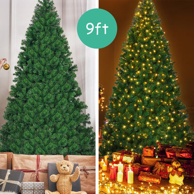 9FT Artificial Pre-lit Christmas Tree Premium Spruce Hinged Tree with 700 LED Lights and Plastic Cover