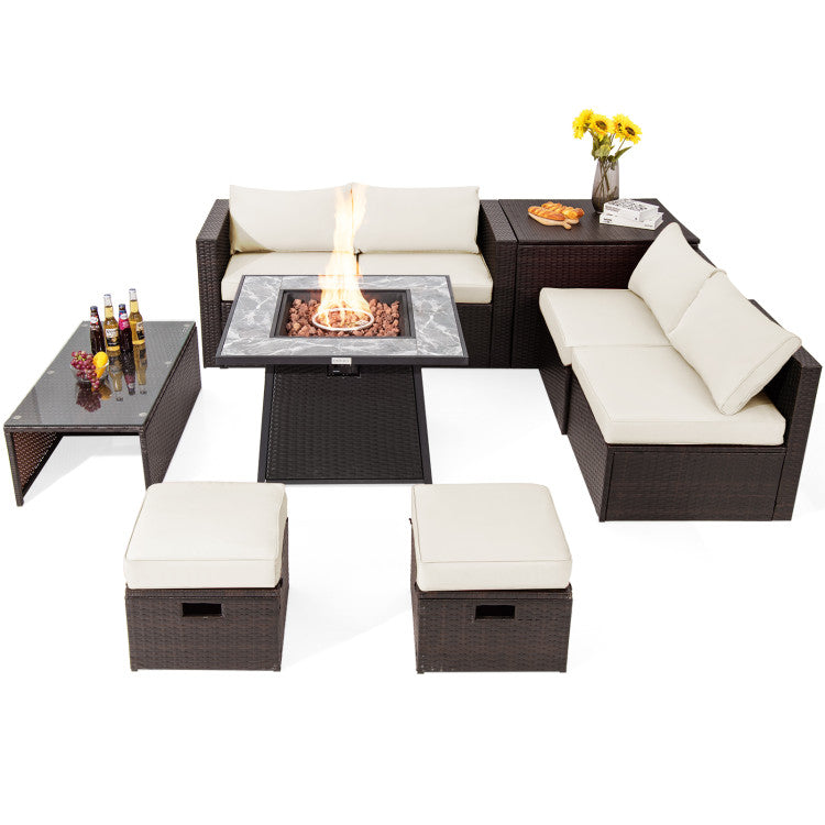 9 Pieces Outdoor Rattan Furniture Set Patio PE Wicker Sectional Conversation Sofa Set with 50000 BTU Fire Pit Table and Storage Box