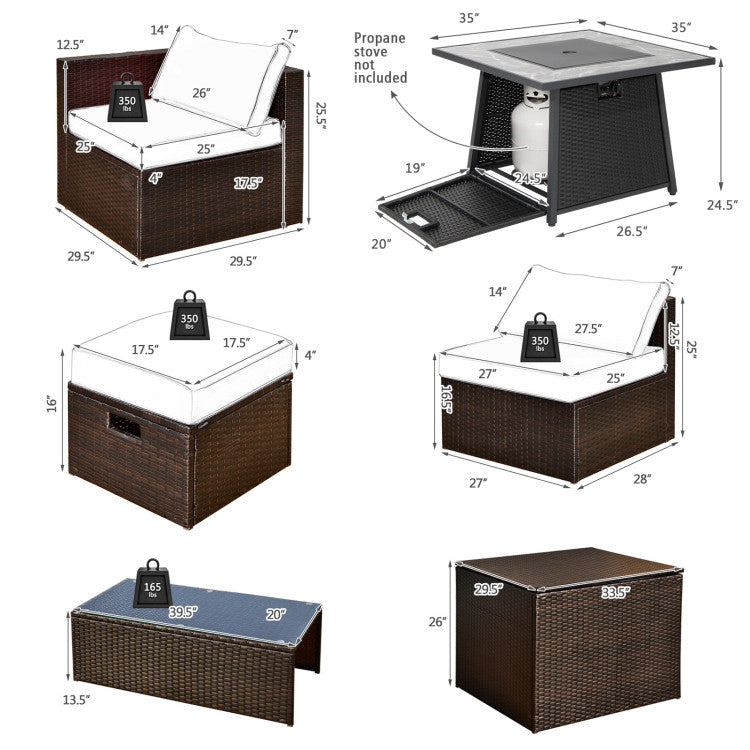 9 Pieces Outdoor Rattan Furniture Set Patio PE Wicker Sectional Conversation Sofa Set with 50000 BTU Fire Pit Table and Storage Box