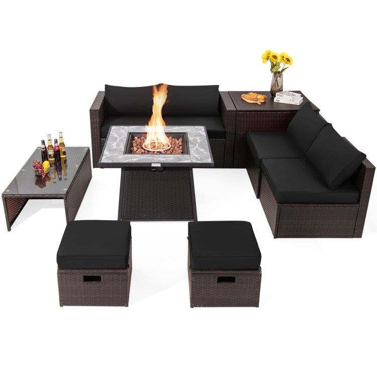 9 Pieces Outdoor Rattan Furniture Set Patio PE Wicker Sectional Conversation Sofa Set with 50000 BTU Fire Pit Table and Storage Box