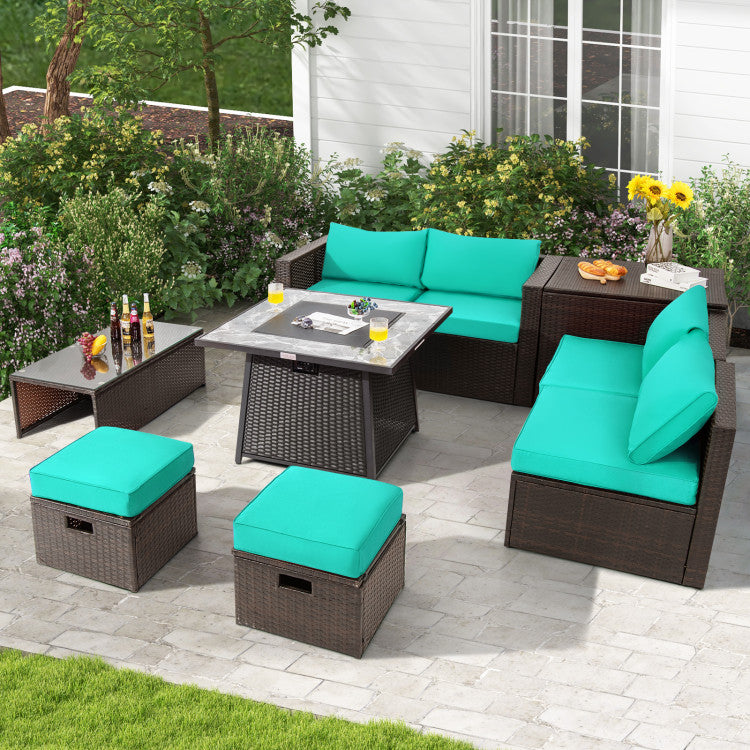 9 Pieces Outdoor Rattan Furniture Set Patio PE Wicker Sectional Conversation Sofa Set with 50000 BTU Fire Pit Table and Storage Box