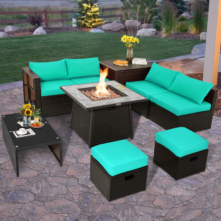 9 Pieces Outdoor Rattan Furniture Set Patio PE Wicker Sectional Conversation Sofa Set with 50000 BTU Fire Pit Table and Storage Box