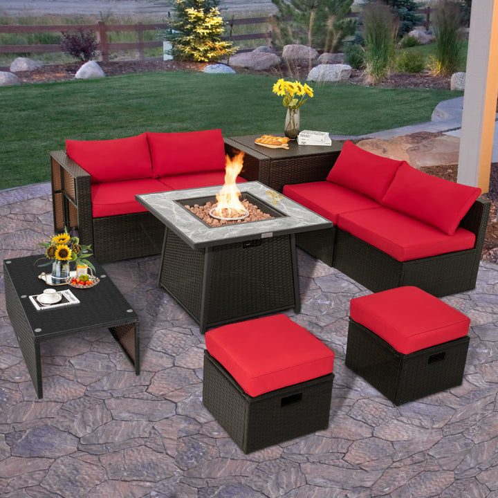 9 Pieces Outdoor Rattan Furniture Set Patio PE Wicker Sectional Conversation Sofa Set with 50000 BTU Fire Pit Table and Storage Box